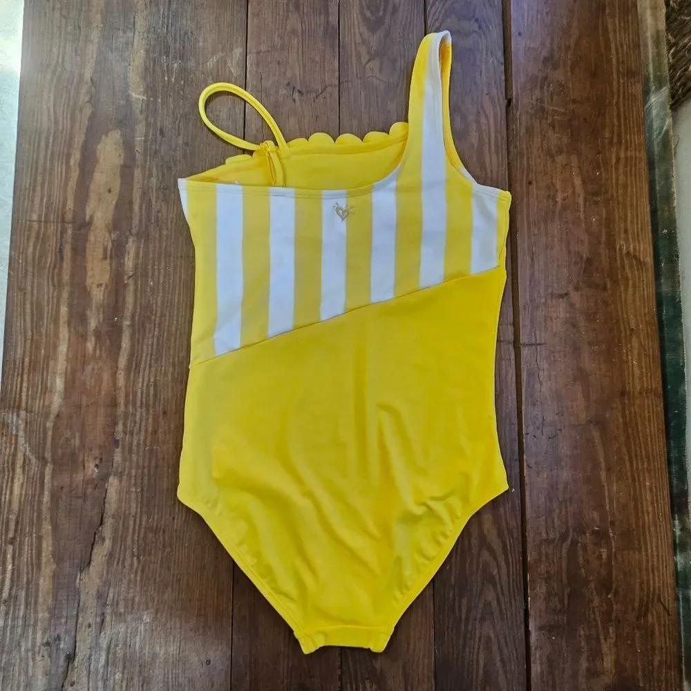 Justice Swimsuit Girls Sz 20 Yellow & White Striped One-Shoulder Scallop NWOT